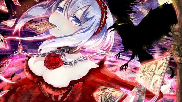 Anime picture 1500x844 with vocaloid aoki lapis keepout single short hair breasts blue eyes wide image silver hair girl dress animal bird (birds) chain card (cards) crow