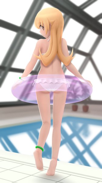 Anime picture 727x1300 with bakemonogatari shaft (studio) monogatari (series) oshino shinobu siraha single long hair tall image light erotic blonde hair yellow eyes full body looking back girl swimsuit bikini swim ring bikini skirt