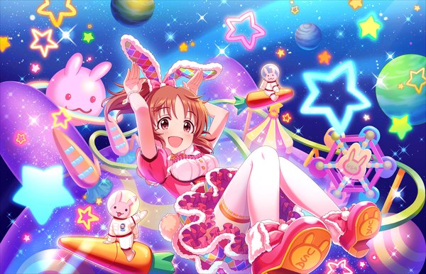 Anime picture 1280x824 with idolmaster idolmaster cinderella girls abe nana single looking at viewer blush short hair open mouth red eyes brown hair animal ears fake animal ears girl thighhighs dress white thighhighs shoes star (symbol) planet