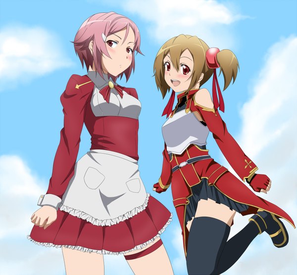 Anime picture 1757x1629 with sword art online a-1 pictures silica lisbeth akou (phoenix777) blush highres short hair open mouth red eyes brown hair multiple girls pink hair girl thighhighs dress hair ornament black thighhighs 2 girls fingerless gloves