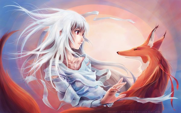 Anime picture 1920x1200 with os-tan firefox long hair highres red eyes wide image white hair tattoo girl ribbon (ribbons) animal fox