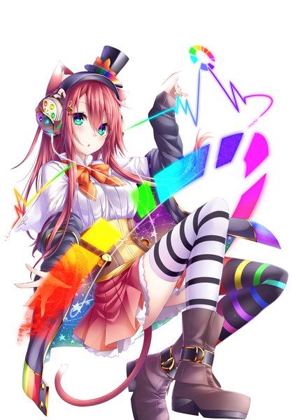Anime picture 2591x3624 with original yonari phone neon chabaneko single long hair tall image looking at viewer fringe highres simple background hair between eyes white background green eyes animal ears full body bent knee (knees) red hair tail long sleeves parted lips