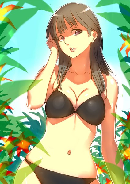 Anime picture 1000x1414 with original twinpoo single long hair tall image fringe breasts light erotic red eyes brown hair large breasts standing looking away sky outdoors head tilt bare belly arm behind head girl navel