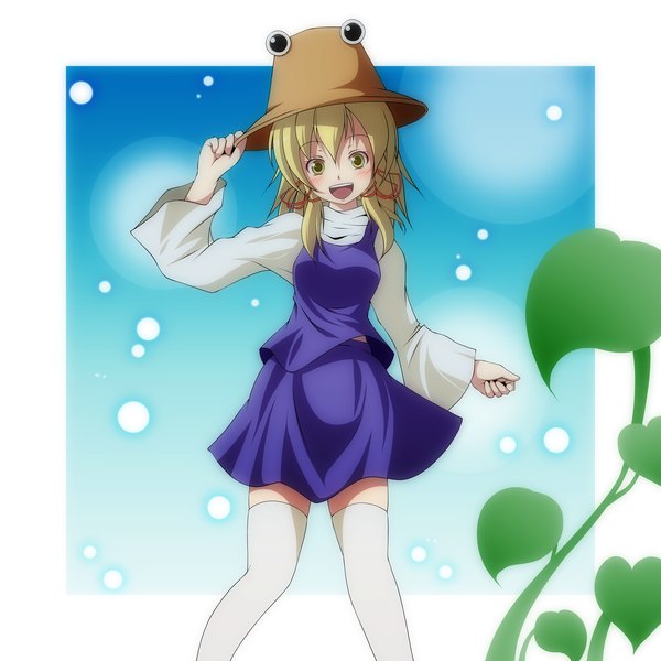 Anime picture 1500x1500 with touhou moriya suwako s-syogo single long hair open mouth blonde hair yellow eyes border outside border girl thighhighs skirt plant (plants) hat white thighhighs skirt set