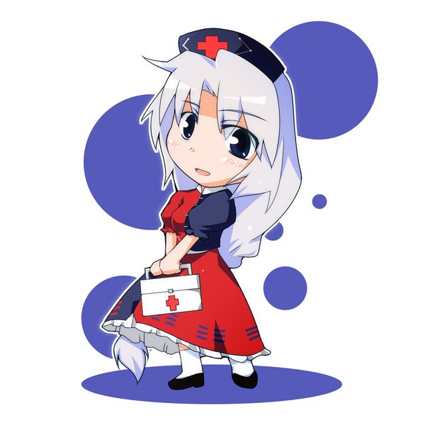 Anime picture 987x987 with touhou yagokoro eirin nihonbato single blush fringe blue eyes simple background standing white background holding looking away silver hair full body braid (braids) very long hair shadow lens flare turning head single braid