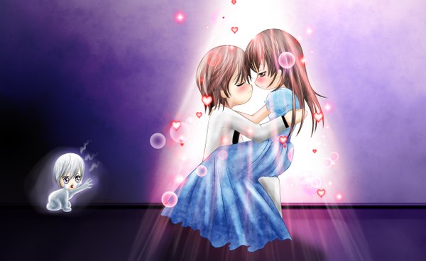 Anime picture 2560x1572 with vampire knight studio deen cross yuki kiryuu zero clan kaname long hair blush highres blue eyes brown hair wide image sitting white hair couple face to face ghost almost kiss girl dress boy