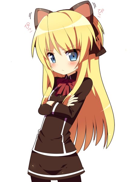 Anime picture 970x1293 with quiz magic academy shalon nerichichikimoko single long hair tall image looking at viewer blush blue eyes blonde hair animal ears cat ears crossed arms girl skirt ribbon (ribbons) hair ribbon school uniform