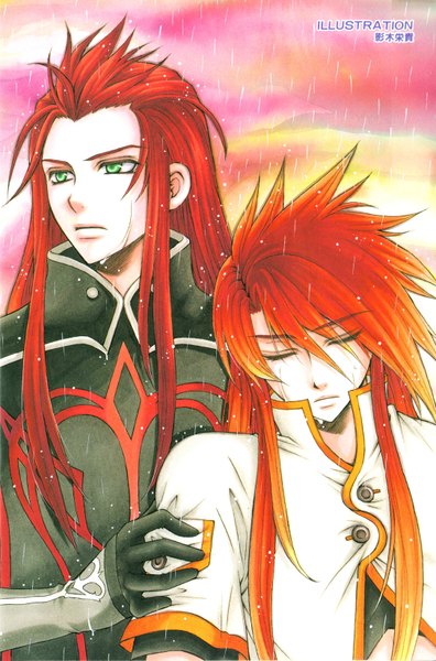 Anime picture 2172x3288 with tales of (series) tales of the abyss luke fon fabre asch eiki eiki (artist) long hair tall image fringe highres green eyes looking away sky red hair eyes closed orange hair multiple boys wet hug evening sunset