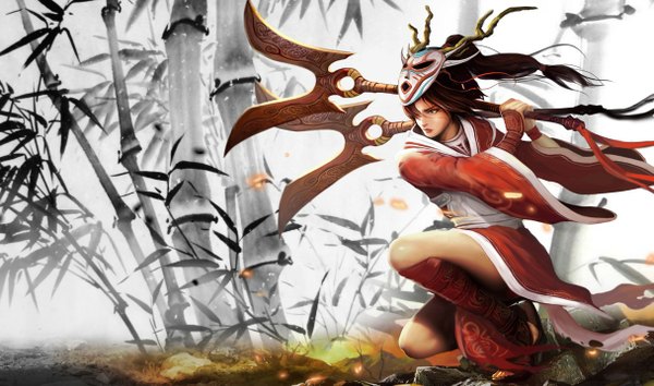 Anime picture 1215x717 with league of legends akali (league of legends) single long hair wide image ponytail horn (horns) mask on head girl weapon plant (plants) tree (trees) thigh boots mask bamboo