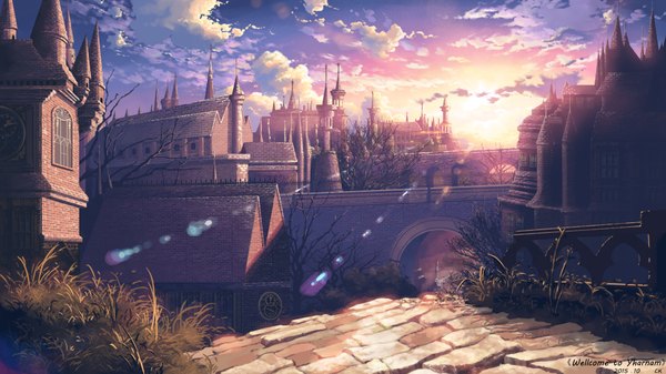 Anime picture 1920x1080 with original yuko-san highres wide image signed sky cloud (clouds) sunlight no people sunbeam scenic bare tree sunrise plant (plants) tree (trees) window building (buildings) grass clock branch