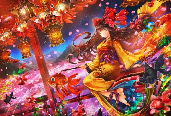 Anime picture 1232x834 with original ankoro single long hair blue eyes black hair sitting traditional clothes japanese clothes hair flower girl hair ornament flower (flowers) bow hair bow animal petals kimono obi fish (fishes)