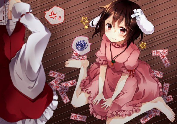 Anime picture 1000x706 with touhou hakurei reimu inaba tewi kusada souta blush short hair red eyes brown hair sitting multiple girls animal ears traditional clothes japanese clothes barefoot from above bunny ears tears wariza miko hands on hips