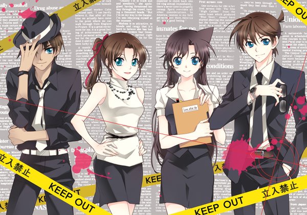 Anime picture 1426x1000 with detective conan kudou shinichi mouri ran hattori heiji touyama kazuha mca (dessert candy) monica (mcamca) long hair fringe short hair open mouth blue eyes smile hair between eyes brown hair multiple girls holding multiple boys text hieroglyph