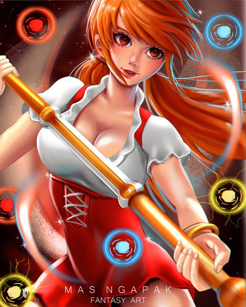 Anime picture 800x1000 with one piece toei animation nami (one piece) single long hair tall image blush breasts large breasts standing twintails holding looking away lips orange hair realistic short sleeves orange eyes text low twintails