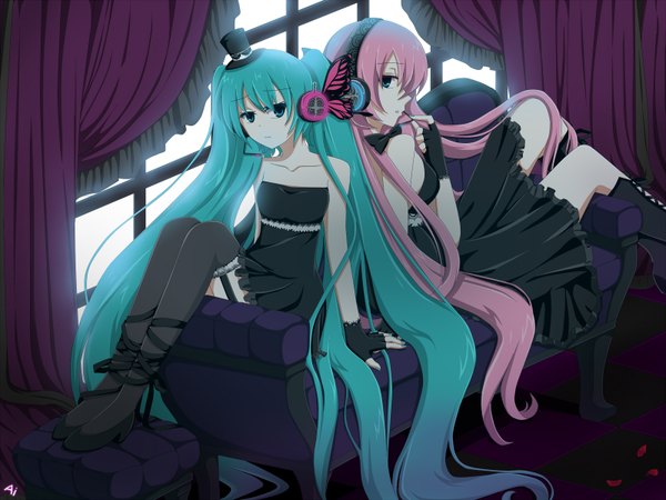 Anime picture 1600x1200 with vocaloid hatsune miku megurine luka long hair blue eyes twintails multiple girls pink hair very long hair green hair back to back checkered girl thighhighs dress gloves black thighhighs 2 girls headphones fingerless gloves