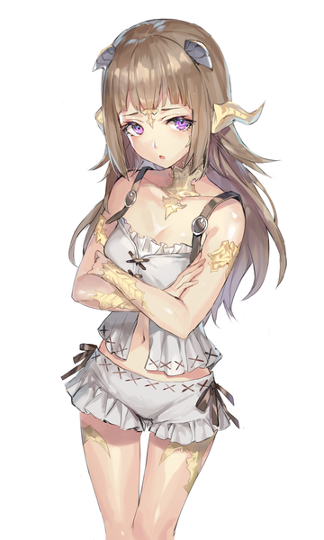 Anime picture 1500x2500 with final fantasy final fantasy xiv square enix au ra momoko (momopoco) single long hair tall image looking at viewer fringe breasts open mouth simple background brown hair standing white background purple eyes bare shoulders payot blunt bangs