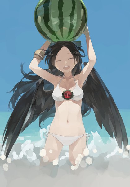 Anime picture 2024x2896 with touhou reiuji utsuho shihou (g-o-s) single long hair tall image highres black hair sky eyes closed wind arms up happy ^ ^ black wings girl navel swimsuit bikini wings