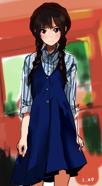 Anime picture 968x1770 with kurokin single long hair tall image looking at viewer blush fringe blue eyes black hair standing braid (braids) twin braids twisty sleeves girl torii