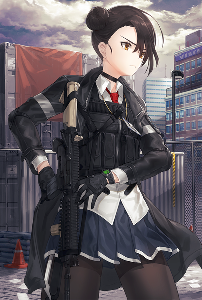 Anime-Bild 727x1078 mit original kfr single tall image fringe short hair black hair hair between eyes brown eyes looking away cloud (clouds) outdoors hair bun (hair buns) military girl gloves uniform weapon pantyhose choker