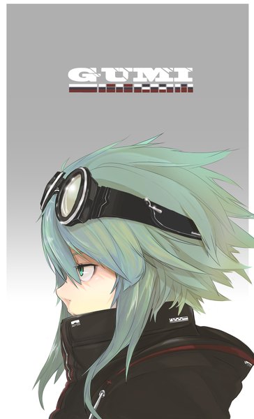Anime picture 1200x1978 with vocaloid gumi yumeko (tokiti) single tall image highres short hair simple background white background green eyes profile green hair grey background girl goggles