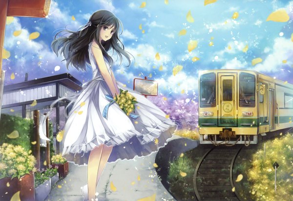 Anime picture 4904x3380 with original hagiwara rin single long hair looking at viewer highres open mouth black hair smile absurdres sky cloud (clouds) :d black eyes scan girl dress hair ornament flower (flowers) plant (plants)