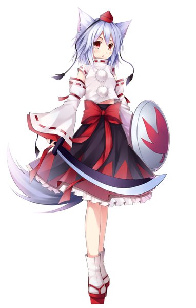 Anime picture 2266x3556 with touhou inubashiri momiji mushroom (artist) single tall image highres short hair simple background red eyes white background animal ears white hair animal tail girl skirt weapon hat detached sleeves sword socks