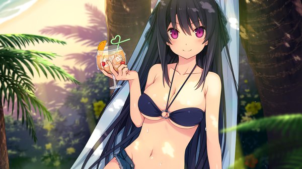 Anime picture 1334x750 with ao no kanata no four rhythm sprite (company) tobisawa misaki akinashi yuu single long hair looking at viewer blush breasts light erotic black hair wide image purple eyes bare shoulders game cg shadow light denim >:) :>