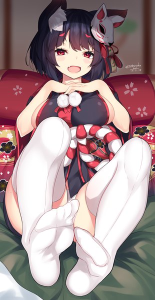 Anime picture 1830x3541 with azur lane yamashiro (azur lane) nebusoku single tall image looking at viewer fringe highres short hair breasts open mouth light erotic black hair smile red eyes large breasts signed animal ears bent knee (knees) lying