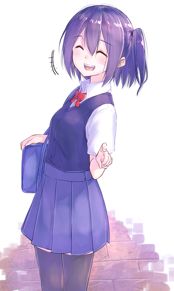 Anime picture 716x1200 with original suzunari shizuku yuki arare single tall image blush fringe breasts open mouth hair between eyes standing purple hair eyes closed pleated skirt teeth short sleeves zettai ryouiki one side up ^ ^ pointing