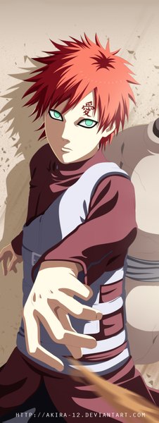 Anime picture 1320x3502 with naruto studio pierrot naruto (series) gaara akira-12 single tall image short hair red hair aqua eyes shadow tattoo coloring magic sand jinchuriki boy pitcher