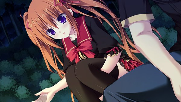 Anime picture 1024x576 with lovely quest long hair blush wide image purple eyes twintails game cg orange hair girl thighhighs uniform ribbon (ribbons) black thighhighs hair ribbon school uniform