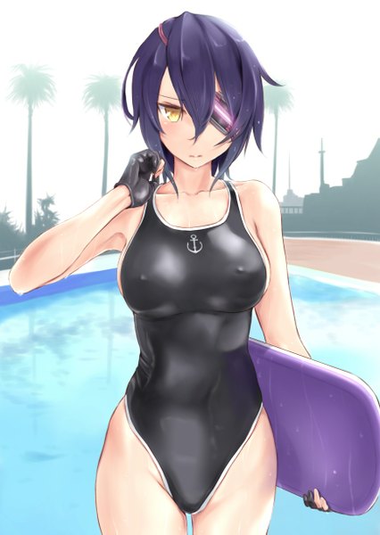 Anime picture 868x1223 with kantai collection tenryuu light cruiser wa (genryusui) single tall image looking at viewer short hair breasts light erotic yellow eyes purple hair nipples wet girl gloves swimsuit plant (plants) tree (trees) black gloves water