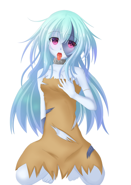 Anime picture 1075x1518 with original sanada mushi (artist) single long hair tall image simple background white background blue hair pink eyes torn clothes monster girl blue skin zombie girl tongue collar