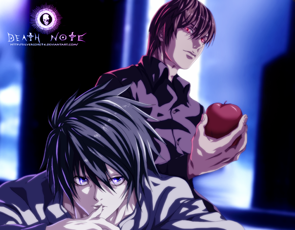 Anime picture 1024x800 with death note madhouse yagami light l (death note) silvercore94 short hair blue eyes black hair red eyes brown hair inscription coloring finger to mouth light boy shirt apple