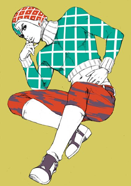 Anime picture 566x800 with jojo no kimyou na bouken guido mista chounorin single tall image looking at viewer simple background sitting arm support bare belly animal print green background tiger print boy navel sweater cap