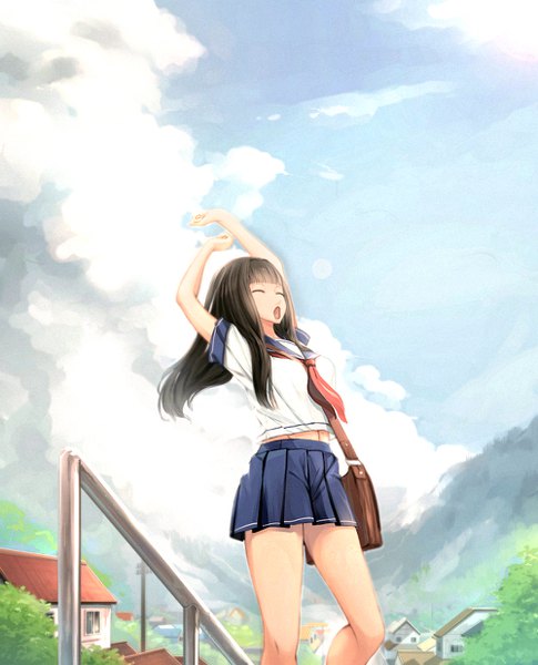 Anime picture 1000x1238 with original kikivi single long hair tall image fringe open mouth black hair standing sky cloud (clouds) blunt bangs eyes closed arms up yawn girl skirt uniform miniskirt serafuku