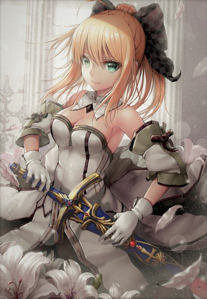 Anime picture 700x1009 with fate (series) fate/stay night fate/unlimited codes type-moon artoria pendragon (all) saber saber lily hisahisahisahisa single long hair tall image looking at viewer fringe breasts blonde hair smile standing bare shoulders ponytail aqua eyes