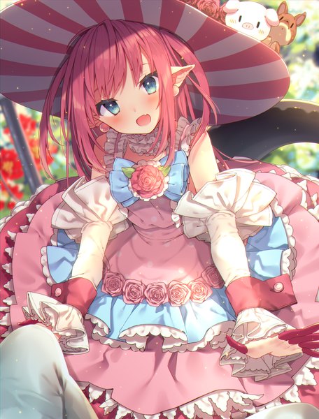 Anime picture 1902x2500 with fate (series) fate/extra fate/extra ccc elizabeth bathory (fate) (all) elizabeth bathory (fate) usamata long hair tall image looking at viewer blush highres open mouth blue eyes smile outdoors red hair tail head tilt :d pointy ears