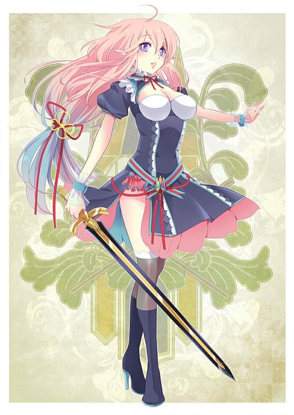 Anime picture 800x1129 with hira taira single long hair tall image standing purple eyes looking away pink hair high heels girl thighhighs dress ribbon (ribbons) weapon black thighhighs hair ribbon sword