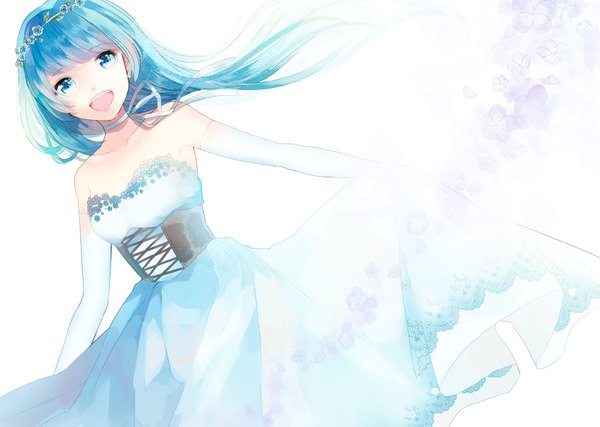 Anime picture 4175x2976 with original maayan single long hair looking at viewer blush highres open mouth blue eyes smile bare shoulders blue hair absurdres :d hair flower spread arms girl dress gloves hair ornament