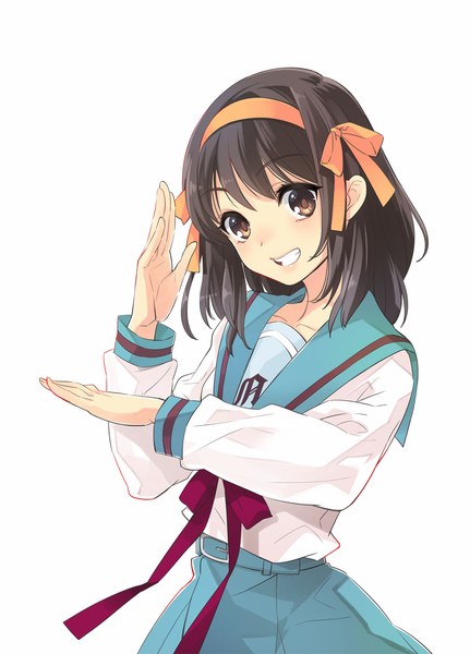Anime picture 892x1240 with suzumiya haruhi no yuutsu kyoto animation suzumiya haruhi itou noiji single long hair tall image looking at viewer fringe open mouth black hair simple background smile white background brown eyes upper body long sleeves official art clenched teeth girl