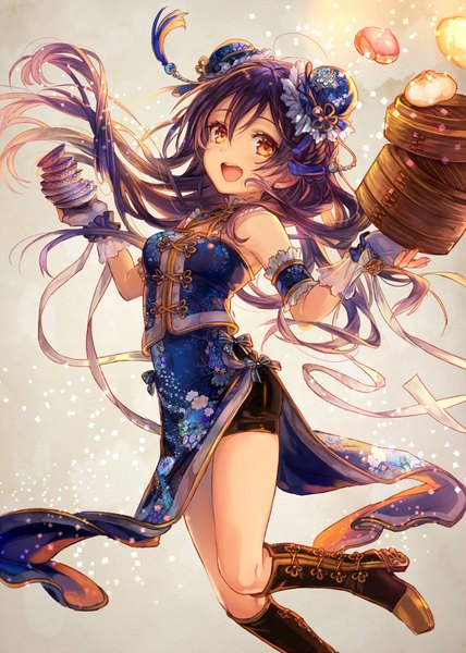 Anime picture 600x840 with love live! school idol project sunrise (studio) love live! sonoda umi shigaraki (strobe blue) single long hair tall image looking at viewer fringe open mouth holding blue hair purple hair traditional clothes hair bun (hair buns) orange eyes floral print chinese clothes jumping
