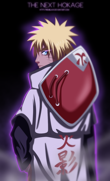 Anime picture 900x1478 with naruto studio pierrot naruto (series) uzumaki naruto tremblax single tall image short hair blue eyes black hair blonde hair looking back coloring facial mark glowing smoke glowing eye (eyes) hand in pocket whisker markings jinchuriki