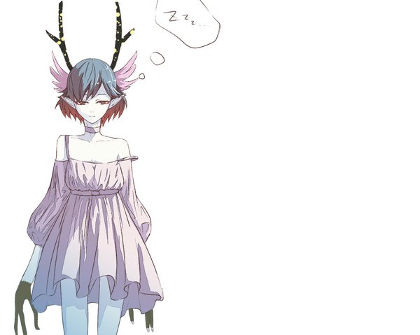 Anime picture 1024x819 with c: the money of soul and possibility control q (control) single short hair simple background red eyes white background bare shoulders horn (horns) pointy ears oni horns girl
