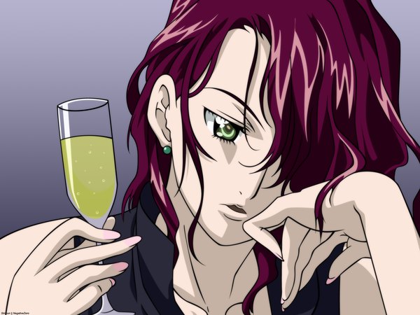 Anime picture 1600x1200 with simoun paraietta single fringe green eyes looking away parted lips hair over one eye gradient background girl alcohol champagne