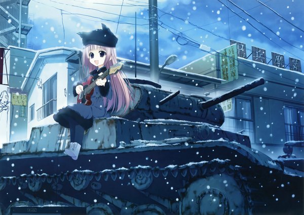 Anime picture 3300x2340 with original eshi 100-nin ten motoyon single long hair highres open mouth sitting absurdres white hair black eyes scan loli city snowing winter girl weapon coat ground vehicle