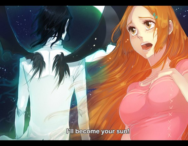 Anime picture 1024x795 with bleach studio pierrot inoue orihime ulquiorra schiffer rusky long hair blush short hair open mouth black hair from behind orange hair inscription orange eyes night sky back hand on chest letterboxed bat wings crescent