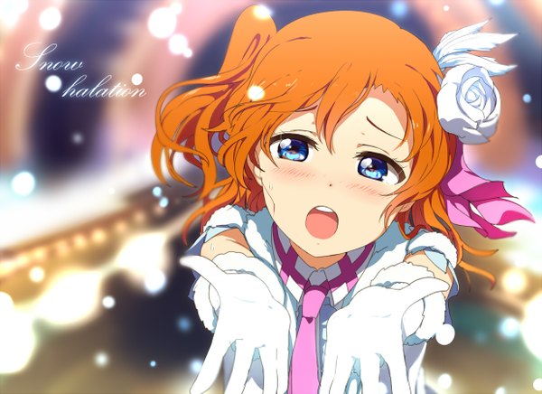Anime picture 1236x900 with love live! school idol project sunrise (studio) love live! kousaka honoka ogipote single looking at viewer blush short hair open mouth blue eyes orange hair one side up girl gloves necktie
