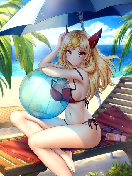 Anime picture 750x1000 with original gigamessy single long hair tall image looking at viewer blush breasts light erotic blonde hair large breasts sitting yellow eyes sky cloud (clouds) bent knee (knees) wind beach summer sunglasses removed