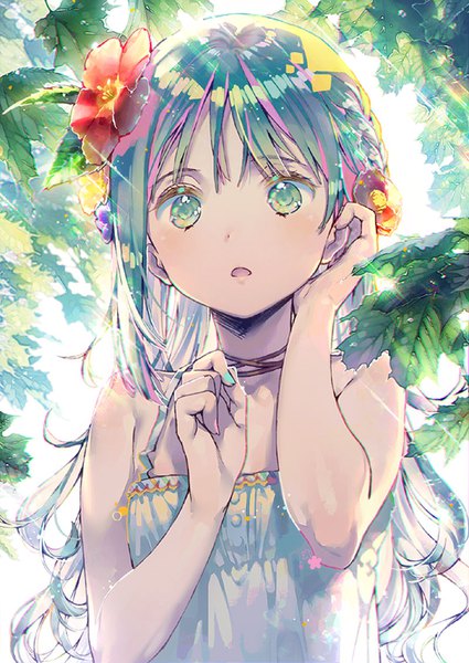 Anime picture 800x1129 with original dsmile single long hair tall image fringe open mouth green eyes looking away upper body nail polish hair flower green hair sunlight :o sparkle sleeveless adjusting hair portrait girl